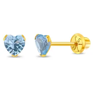 18k Gold Birthstone CZ Heart Baby / Toddler / Kids Earrings Safety Screw Back