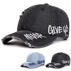 Unisex Letter Embroidered Holes Wash Denim Baseball Cap Outdoor Adjustable Sunscreen Leisure Hat Spring Autumn Travel Tourism Beach Vacation