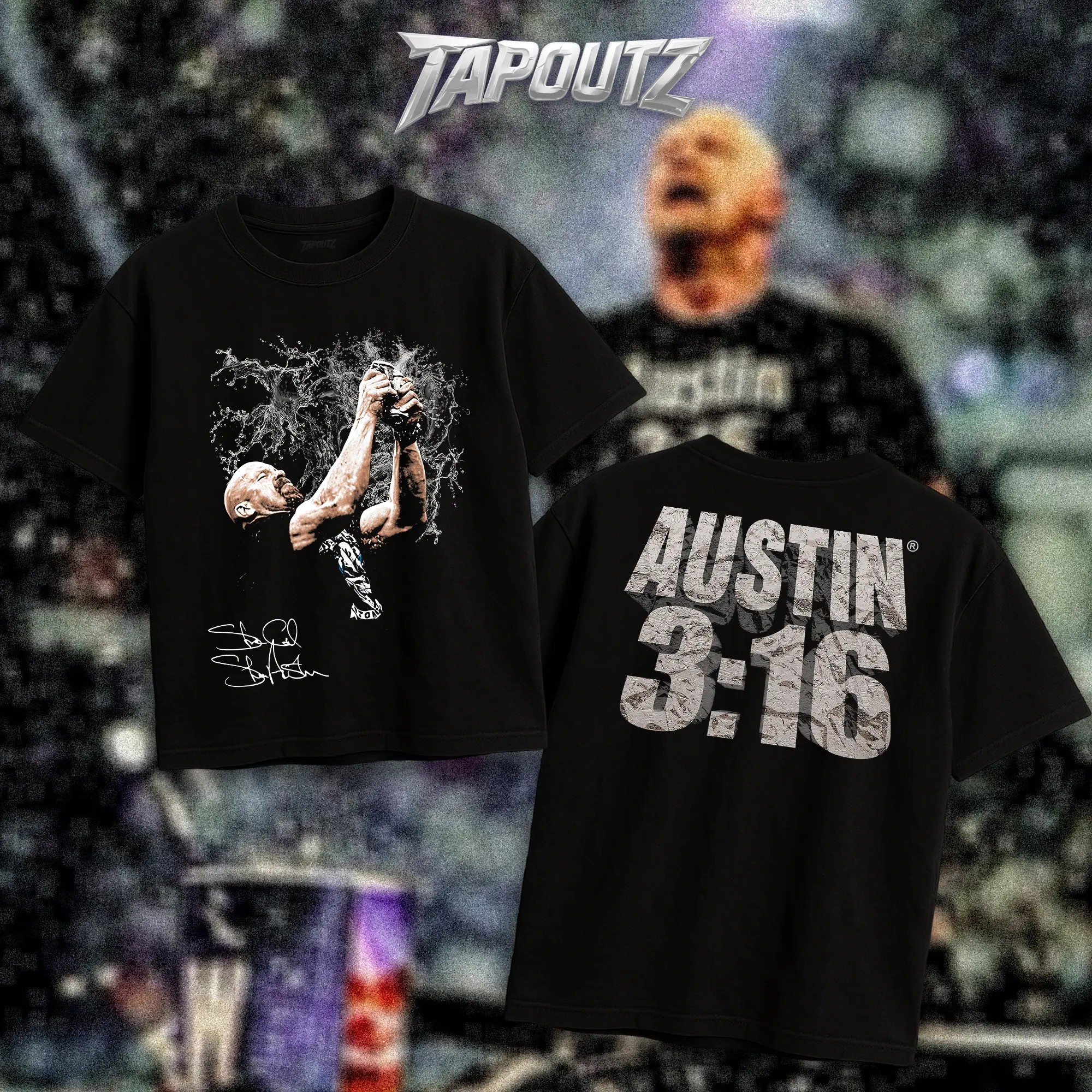 TAPOUTZ Stone Cold Steve Austin 3:16 Beer Smash Heavy Cotton Double-Sided Unisex T-Shirt, Streetwear Top, Casual Lightweight Wrestling Fan Apparel, Texas Rattlesnake DTG Breathable Classic Soft Gift for Fans