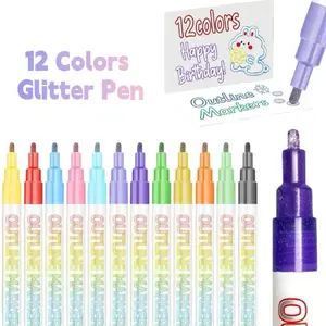 12 Colors Double-Line Outline Art Marker Pen Set, DIY Graffiti Highlighter Pens, Dual-Line Drawing Markers for Scrapbook, Poster, Card Making & School Art Coloring Supplies