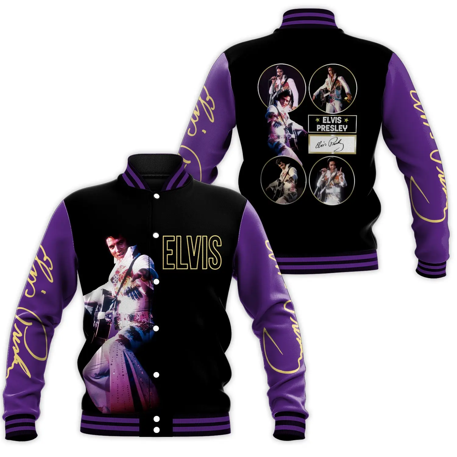 Presley R0ck N Roll Legend Graphic Print Baseball Jacket Vintage Singer Portrait Signature Art Loose Fit Casual Sports Outwear Oversized Warm Autumn Winter Spring Outer Layer
