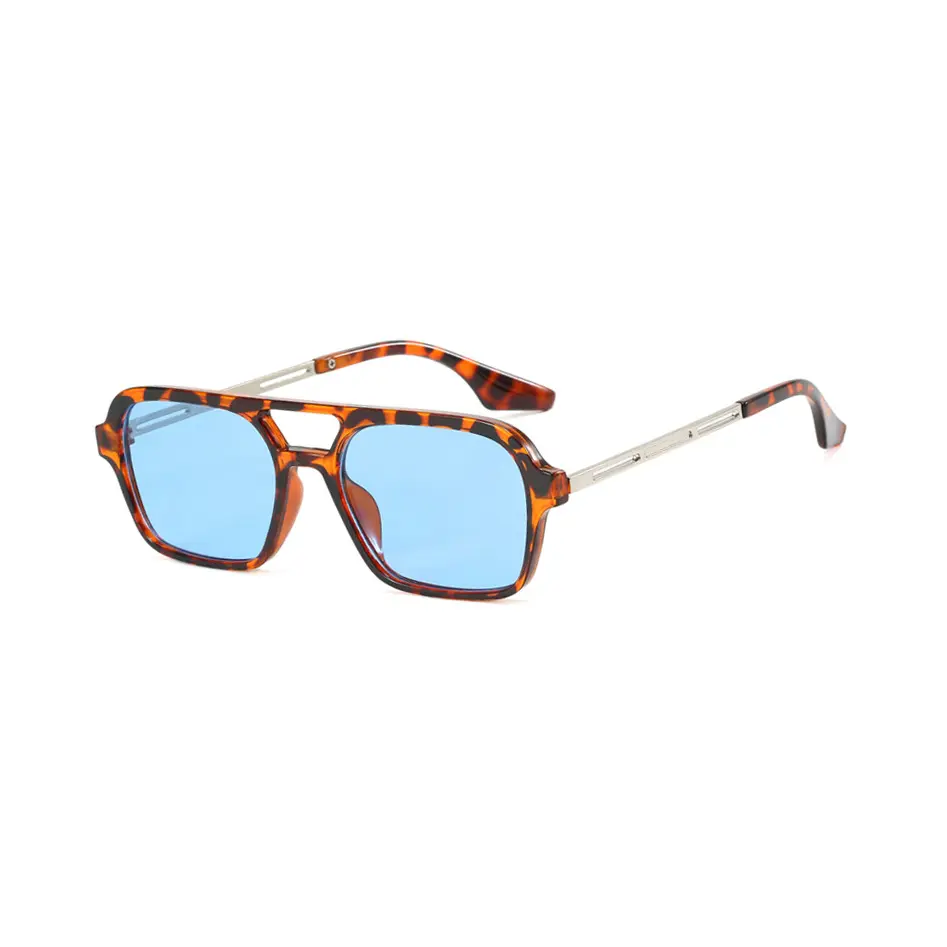 Retro Double-Bridge Square Trendy Casual Sunglasses - Full Rim Metal Hollowed-Out Frames, Clear Blue Lenses, Unisex Shades Suitable for Summer Outings, Street Snaps