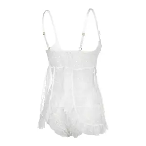 SILIX Elegant White Polka Dot Mesh Babydoll Set | Sexy Lace Trim Lingerie with Ruffled Hem | Bridal Lingerie Nightwear for Honeymoon & Wedding Night | Romantic Gift for Her Sexy Feminine Lingerie Set Underwear