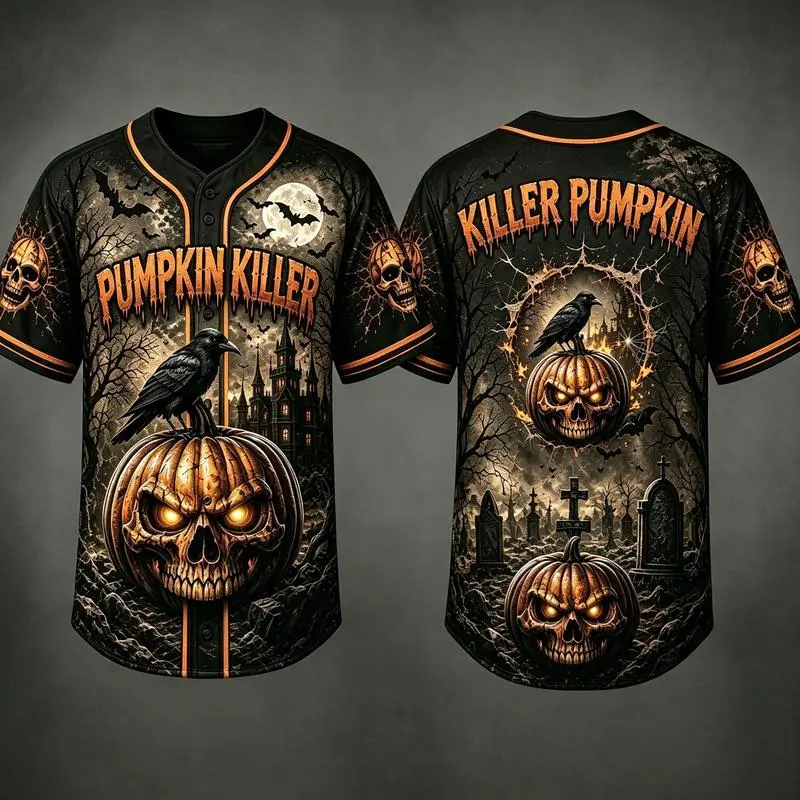 Male Regular Fit Halloween Baseball Jersey - Black & Orange, Pumpkin Killer Skull Crow Graveyard Print, Multi-Size Casual Sports Wear Party Costume Top