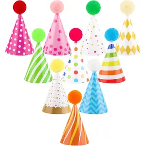 10 Pcs Mini Cone Tiny Birthday Party Hats with Pom Poms for Stuffed Animals Pets Cat Dog Birthday Holiday Decoration Accessories Supplies