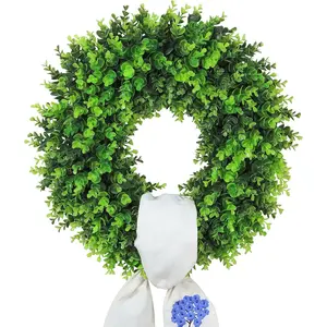 Boxwood Wreaths for Front Door Green Spring Summer Wreaths Farmhouse Door Hanger,Year Round Porch Decor Large Wreath with sash Embroidered Hydrangea and Bowknot for Multi occasions-22inch