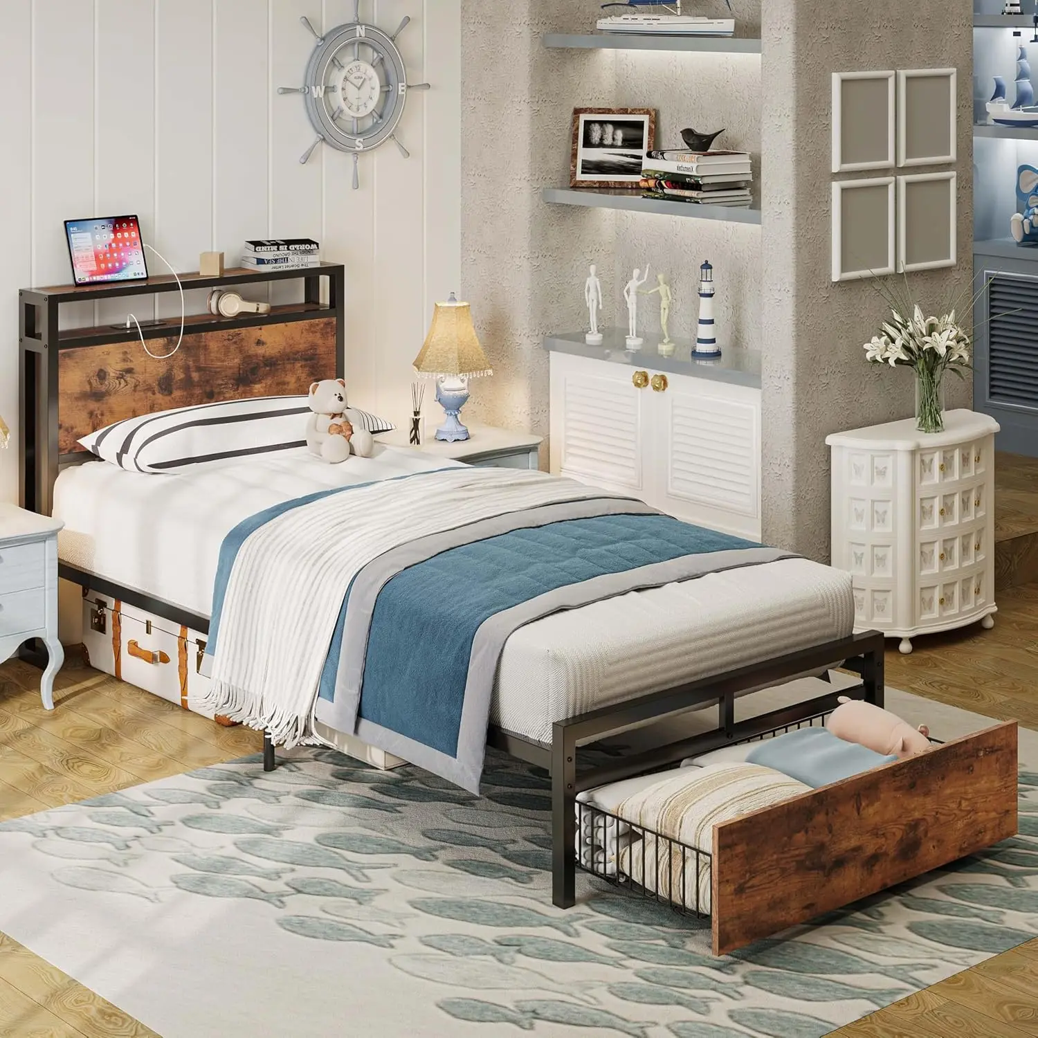 LIKIMIO Twin-Twin XL Platform Bed Frame with Drawer & Storage Headboard with Outlets, No Box Spring Needed, Sturdy Quick Easy Assembly, Twin Bed Frame