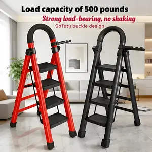 Durable 4step folding ladder with high cost performance, 500 lbs load capacity, anti-slip handrails and safety buckles. Space-saving, lightweight, portable and easy to store for household use. A foldable multi-purpose ladder suitable for various scenarios