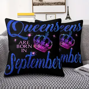 Glamorous Queens Are Born In September Digital Print Throw Pillow, Luxurious Sparkly Blue Glitter & Royal Crown Design, 45cm Square Decorative Cushion Includes Pillow Insert, Perfect Birthday Gift for Elegant Home Decor & Sofa Styling