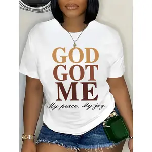 Large size letter print T-shirt, casual round neck short sleeve T-shirt, women's plus size clothing
