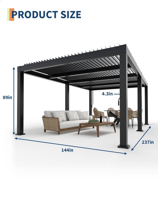 Louvered Pergola 12' x 20',Outdoor Aluminum Pergola,Hardtop Gazebo,Modern Style with Adjustable Louvers,Reinforced Aluminum Frame,Integrated Drainage System,for Deck Garden Yard(Grey)