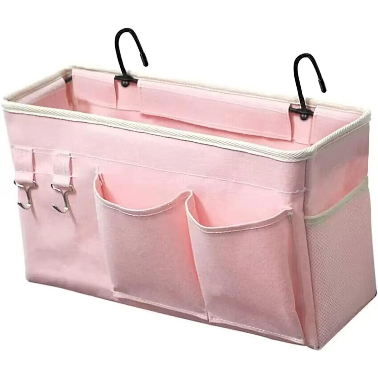 X-SBB41 Mesh Dustproof Patchwork Collapsible Eco-Friendly Bedside Caddy with Compartments (37x12x20cm) - Hanging Home Organizer for College Dorm, Hospital Beds with Rails - Stores Glasses, Books, Phones, Keys (Blush Pink)