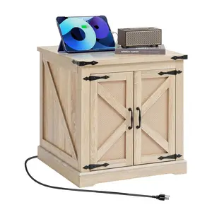 VEVOR Farmhouse End Table,  Rectangle PE Rattan Woven Wood Coffee Table, 24-Inch Modern Boho Style Storage Coffee Table with Retro Metal Hinges, for Living Room, Bedroom & Small Spaces