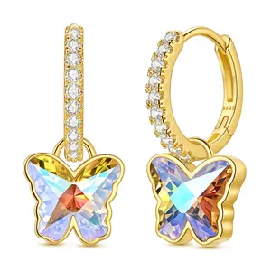 MULA 925 Silver-plated Gold Plated Butterfly Hoop Earrings with Crystal Glass and Zircon - Sparkling Insect Style Jewelry, Perfect Birthday, Anniversary, Valentine's Day and Christmas Gift for Women, Teens
