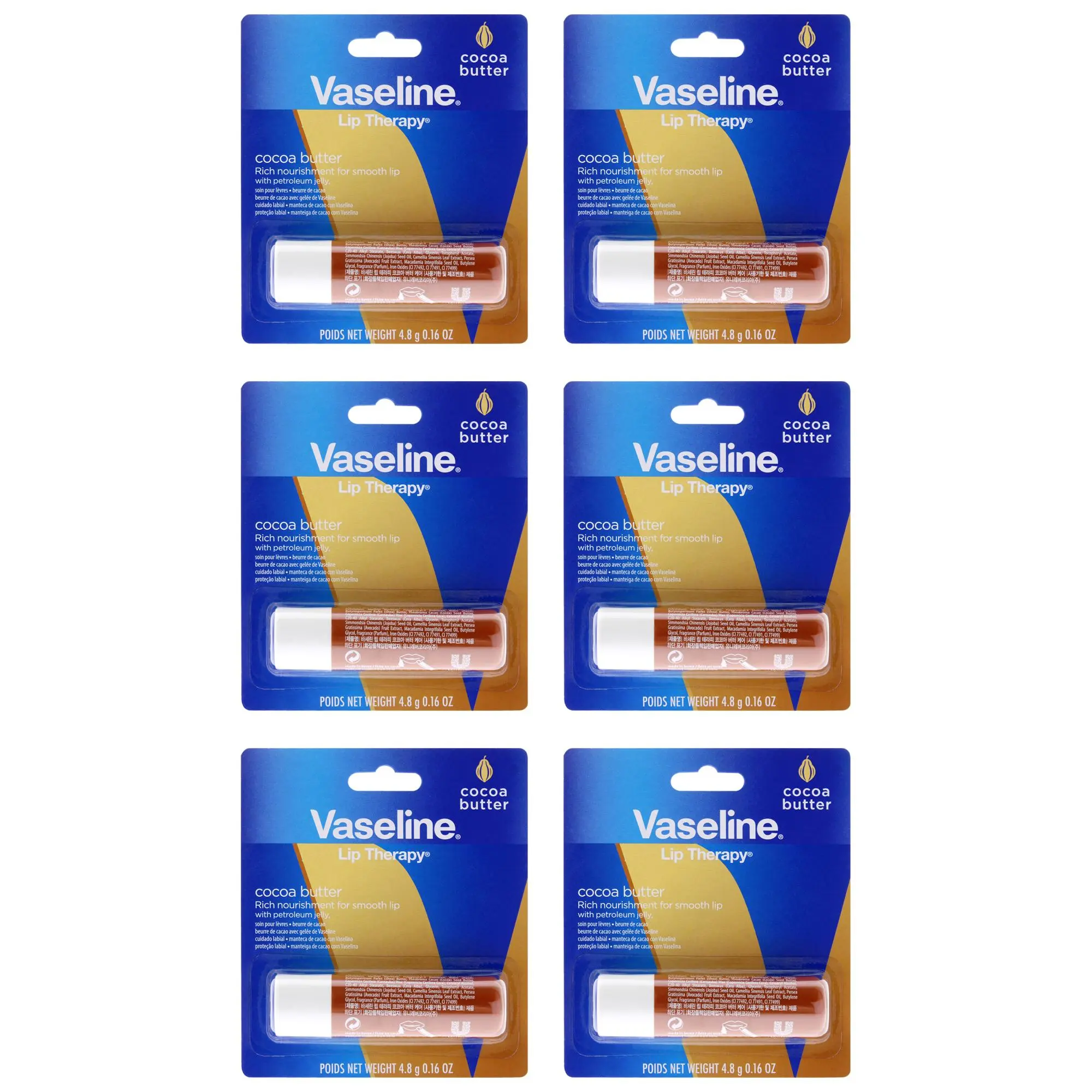 Vaseline Cocoa Lip Therapy Petroleum Jelly - 0.16 oz Gentle Daily Hydrating Lip Care Moisturizer for Women - Pack of 6