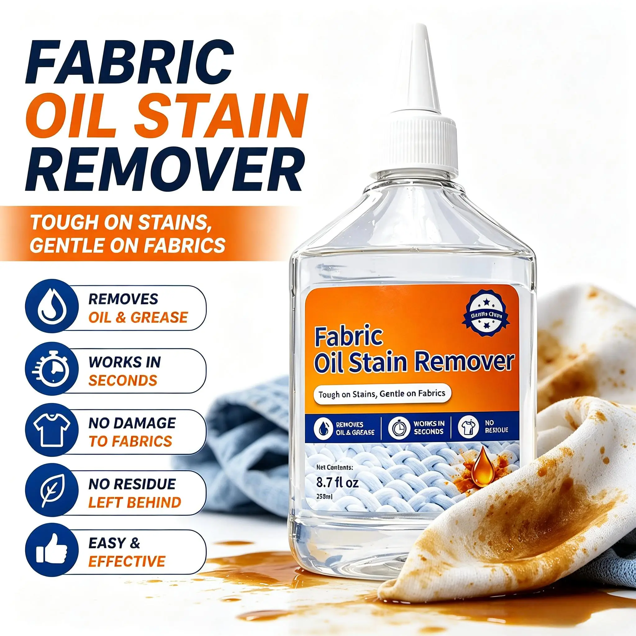 Oil Stain Remover for Clothes, Fast-Acting Fabric Degreaser, Removes Grease & Tough Stains, Gentle on Fabrics, No Residue, 8.7 fl oz