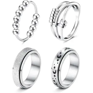 CASSIECA Stainless Steel Fidget Anxiety Ring for Women Men Fidget Spinner Rings Moon Star Celtic Stress Relieving Spinning Ring Wedding Band Rings Set