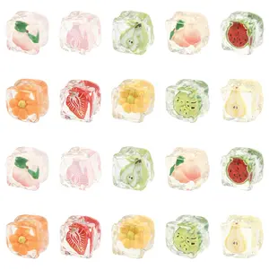 2026 New 10 Styles Cube Ice Fruit Transparent Resin Cabochons Cute Food Watermelon Strawberry Peach Flatback Cabochons for DIY Scrapbooking Phone Case Crafts Randomly send one item.