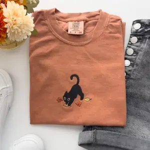 Cute Black Cat Pouncing Leaves Embroidered T-Shirt -- Cozy Fall Halloween Crewneck