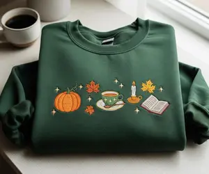 Embroidered Fall Icons Sweatshirt, Cute Fall Leaves Crewneck for Women, Cozy Autumn Thanksgiving Sweater Gift