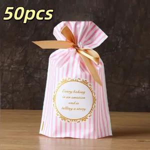 50Pcs Per Pack Sweet Pink Heart Striped Drawstring Pouch | Mother's Day Graduation Wedding Valentine Party Gift Bags