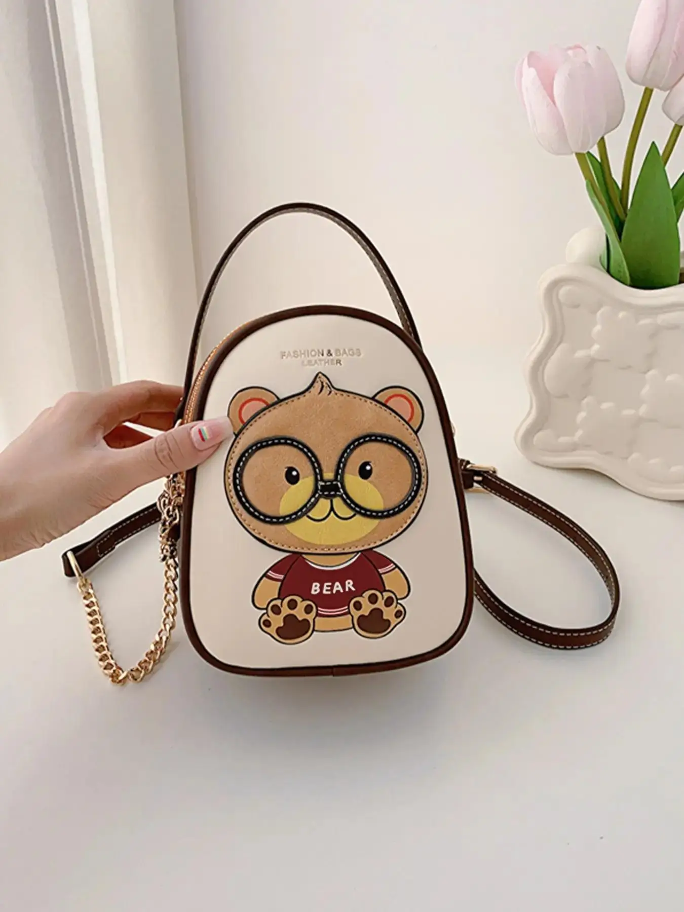Women's Cartoon Bear Print Zip Pu Leather Chain Handbag, Sling Purse, Cute Purse for Women, Matching Trendy Crossbody Bag for Dating, Party, Unique B