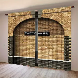 Vintage Platform Brick Wall Pattern Print Curtains Set, 2pcs Drapes for Living Room Balcony Bedroom Windows, Universal Setting
