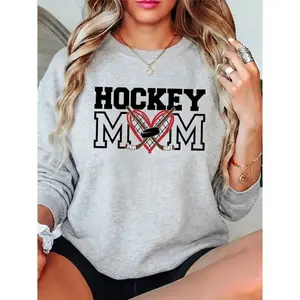 Hockey Mom Graphic Crewneck Sweatshirt for Women Varsity Sports Heart Pullover with Hockey Sticks and Puck Casual Long Sleeve White Fleece Top Winter Gameday Apparel