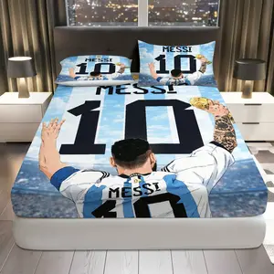 3Pcs Soccer Champion Celebration Fitted sheet Three Piece Set (1*Fitted Sheet+2*Pillowcases, Coreless), Sports theme, Messi Bedding Set, Mattress protector Soft, Breathable