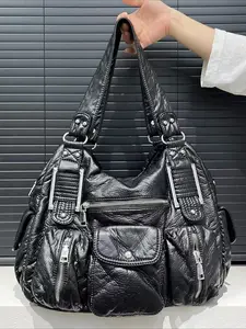 Ladies' fashionable tote bag, personalized Y2K hot girl motorcycle bag, washed vegan large capacity multi pocket single shoulder crossbody bag, Everyday crossbody bag