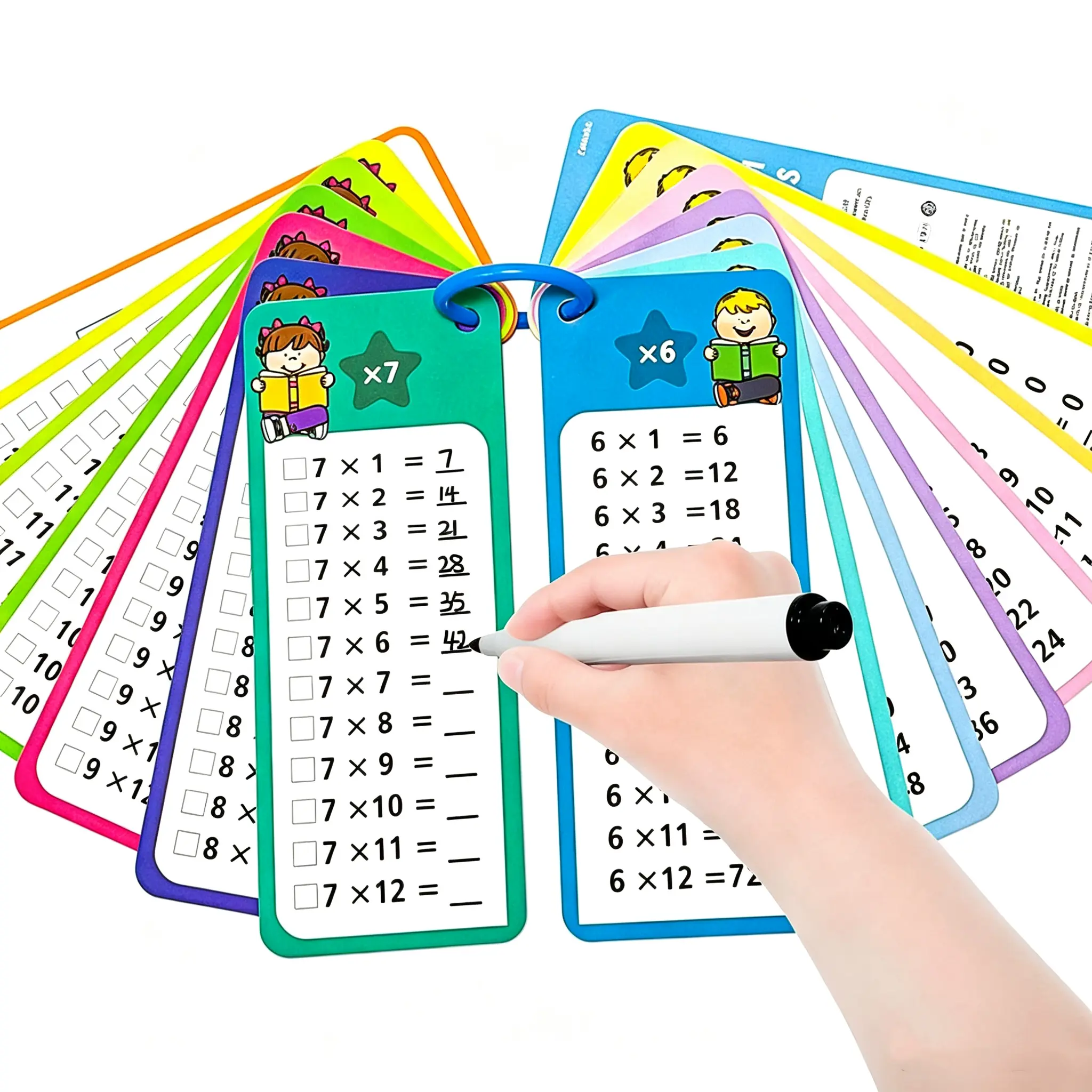 Durable Laminated Multiplication Flash Cards 0-12 (15 Pcs, 2.81x7.10 In) - Compact Black Math Educational Toy for Ages 6+, Parents, Classroom Activities with Dry Erase Dual-Colored Markers, Sorting Ring, Times Table Chart