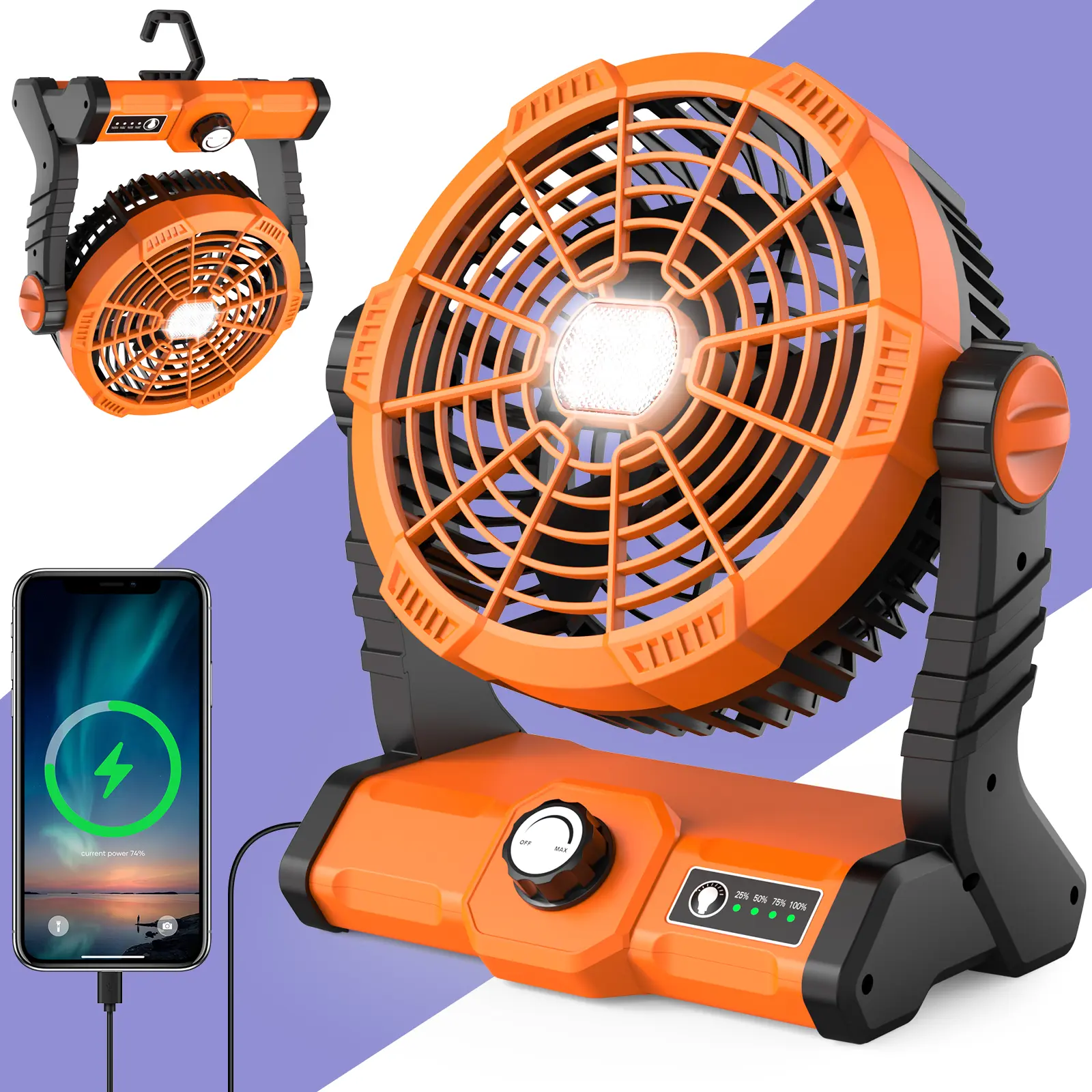 Portable Camping Fan Rechargeable with LED Light, Hanging Battery Operated Tent Fan for Outdoor Camping Gear