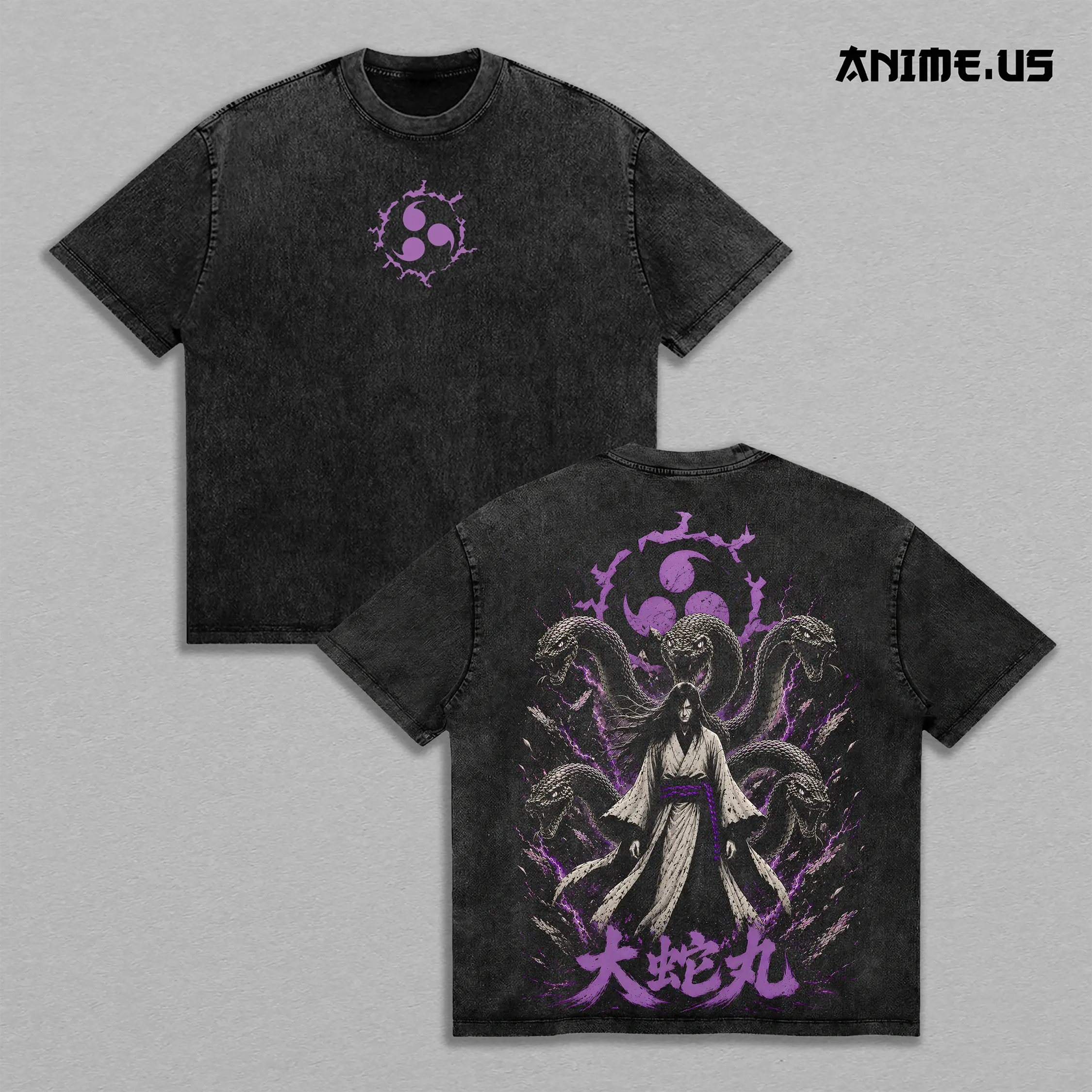Orochimaru Yamata no Orochi Serpent Sage Naruto Anime Vintage Washed Heavyweight Cotton T-Shirt Double Sided Graphic Oversized Streetwear Tee Gift for Naruto Fans
