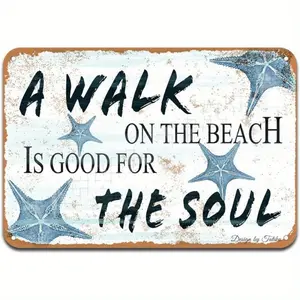 1pc 2D Plane, Vintage Coastal Metal Wall Art Sign - "A Walk on the Beach is Good for the Soul" Beach Theme Decor, featuring starfish and shells - Rustic distressed white and blue iron sign, suitable for home, coffee shop, bar