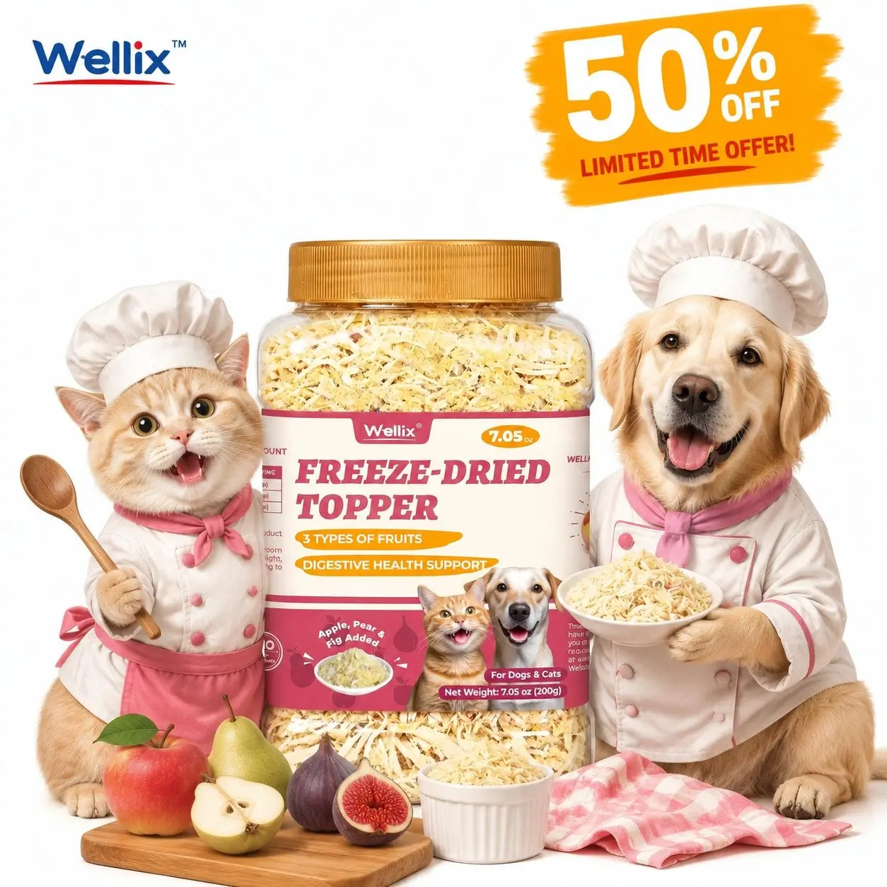 Wellix 7.5oz Cat & Dog Fruits Food Topper - Apple, Pear & Fig | Freeze Dried Fruit Formula | Gentle on Stomach | Digestive Health Support | Natural, Nutritious, Yummy
