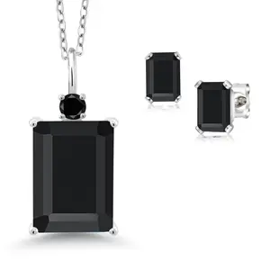 925 Sterling Silver Black Onyx and Black Diamond Pendant Necklace Earrings Set For Women (7.82 Cttw, Gemstone December Birthstone, Emerald Cut 14X10MM and 6X4MM, with 18 Inch Chain)