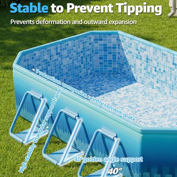 118-inch (approx. 299.7 cm) Foldable Swimming Pool for Adults & KidsNon-inflatable Design with Sturdy Metal FrameReinforced Thick PVC & PP Board SupportExtra Large, Stable & Foldable PoolPerfect for Family, Dogs, Backyard & Outdoor Us