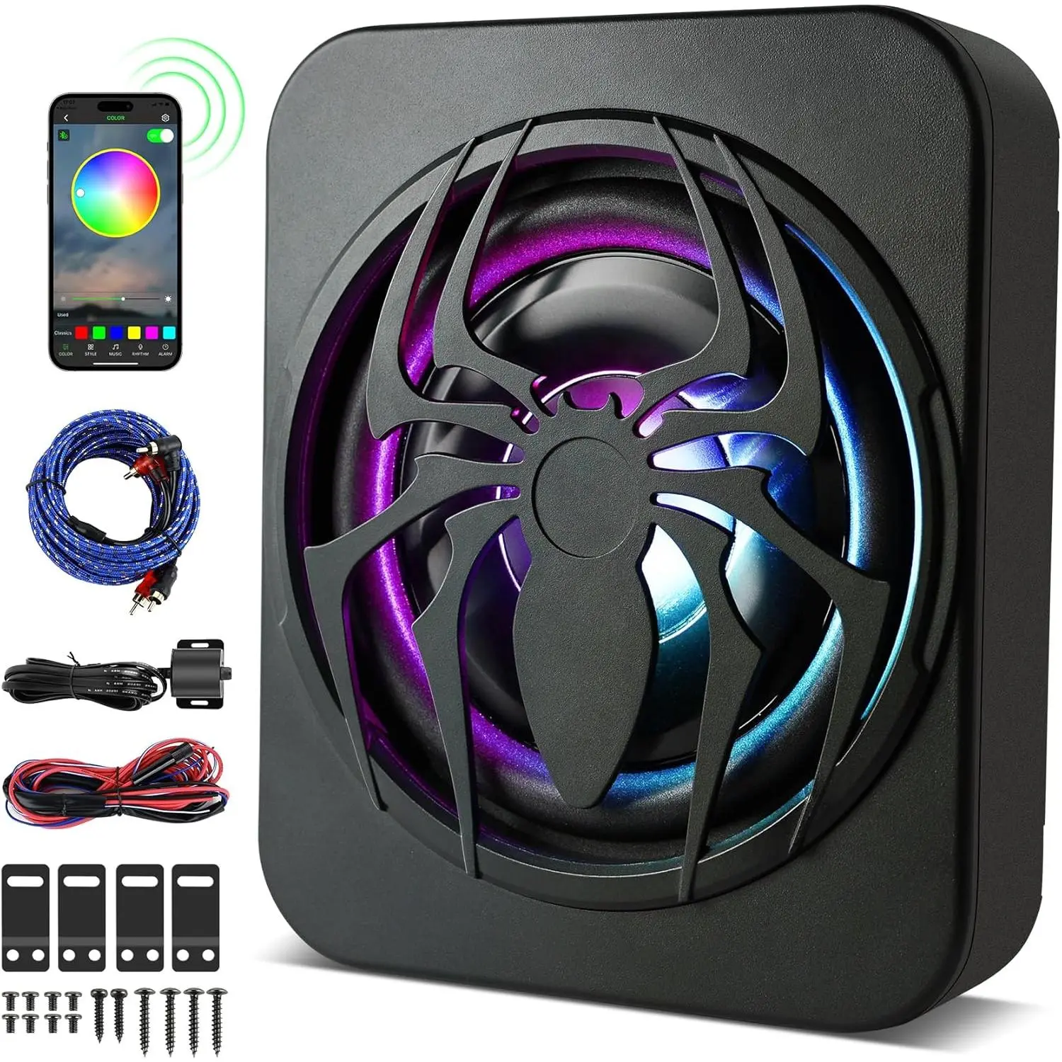 10 Inch 700W Under Seat Car Subwoofer Slim Powered Active Stealth Hideaway Sub with Full Color LED Lights and Complete Installation Wiring Kit