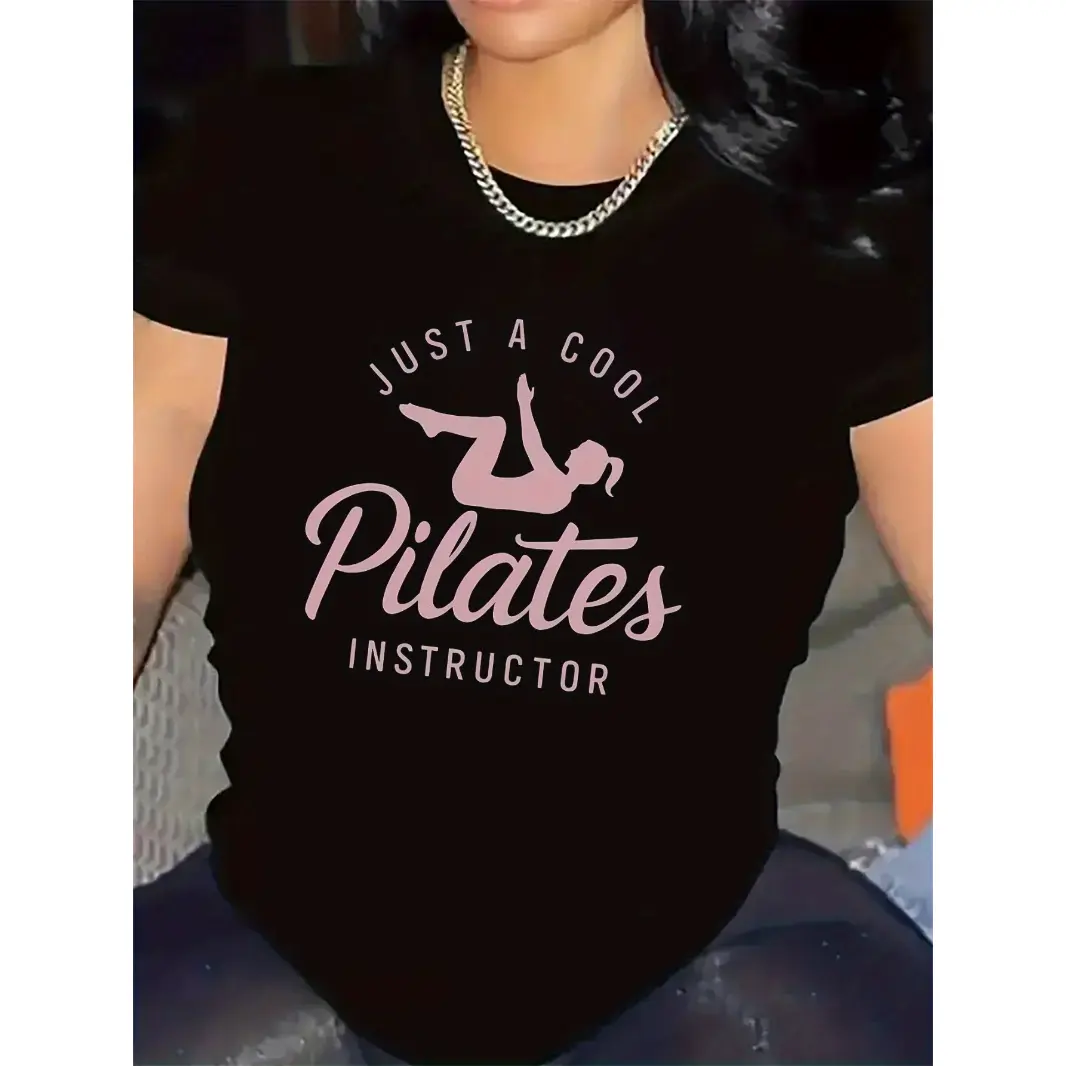 Womens Cotton Graphic Tee Just A Cool Pilates Instructor Short Sleeve Crewneck Shirt Soft Breathable Casual Workout Studio Athleisure Top Gift For Pilates Lovers