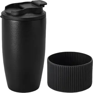 Ceramic Travel Coffee Mug with Polypropylene Lid and Insulated Sleeve, 16 oz, Portable Coffee Cup for  Cup Holder, Black Matt Finish Mug, Microwave and Dishwasher Safe(Black)