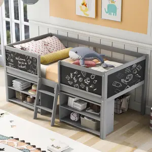 [Bellemave]Twin Size Low Loft Bed with Two Movable Shelves and Ladder,with Decorative Guardrail Chalkboard,Gray(Old SKU: WF283286AAE)