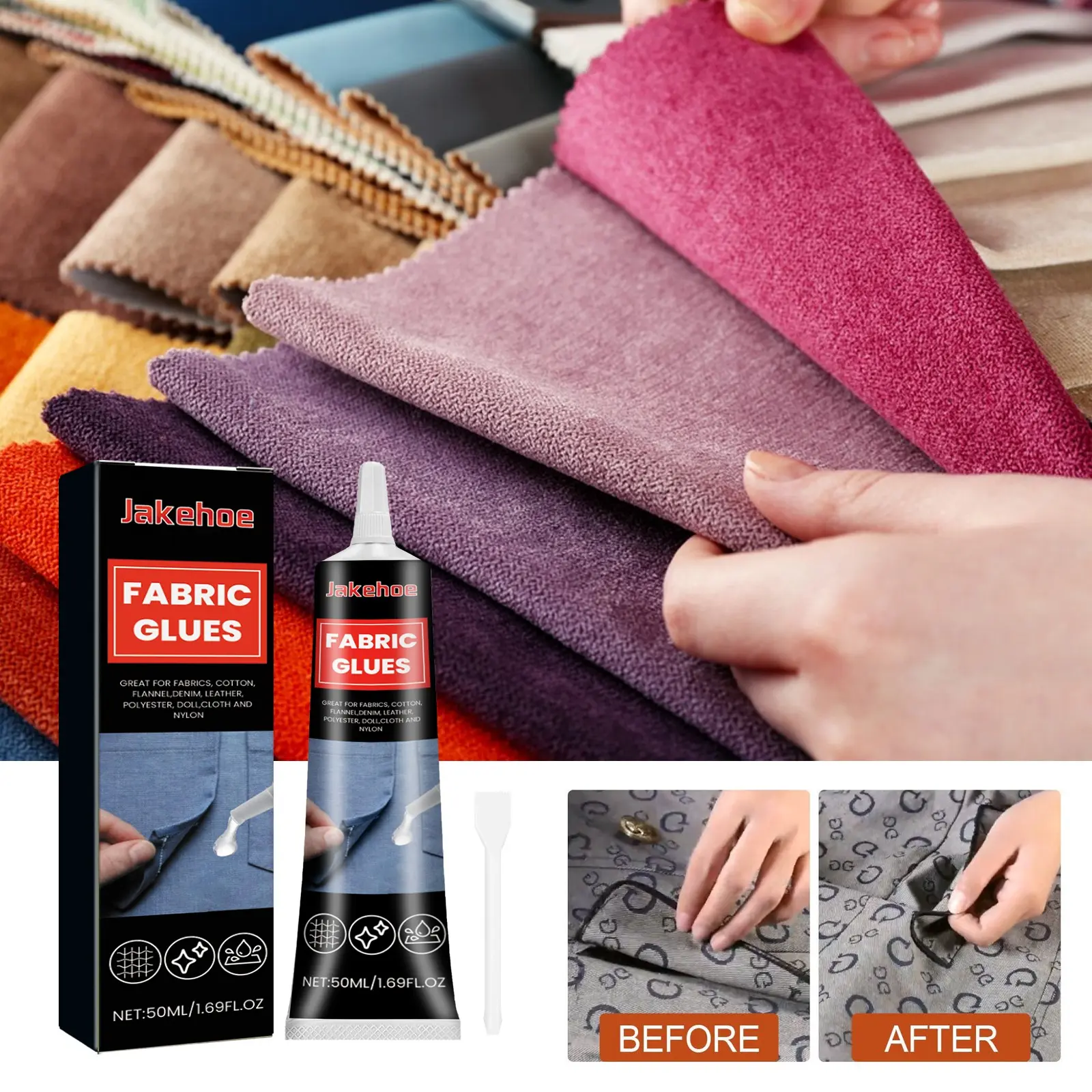 Jakehoe Transparent Fabric Glue Waterproof Easily Washable Drying Strong Adhesive for Clothes Denim Cloth, Textile Glue for Clothing Repair, Clear Glue Adhesive, Strong Adhesion