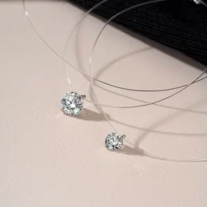 Lab-Grown Moissanite Mermaid Tears Invisible Wire Necklace, Hidden Fish Line Fashion Costume Jewelry Accessory, Lab-Grown Moissanite Necklaces