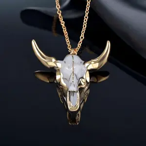 Gold-Colored Copper Unique Bull Head Pendant Necklace for Men - Hip-hop Fashion Style with White Crack Pattern Design keychain key fob