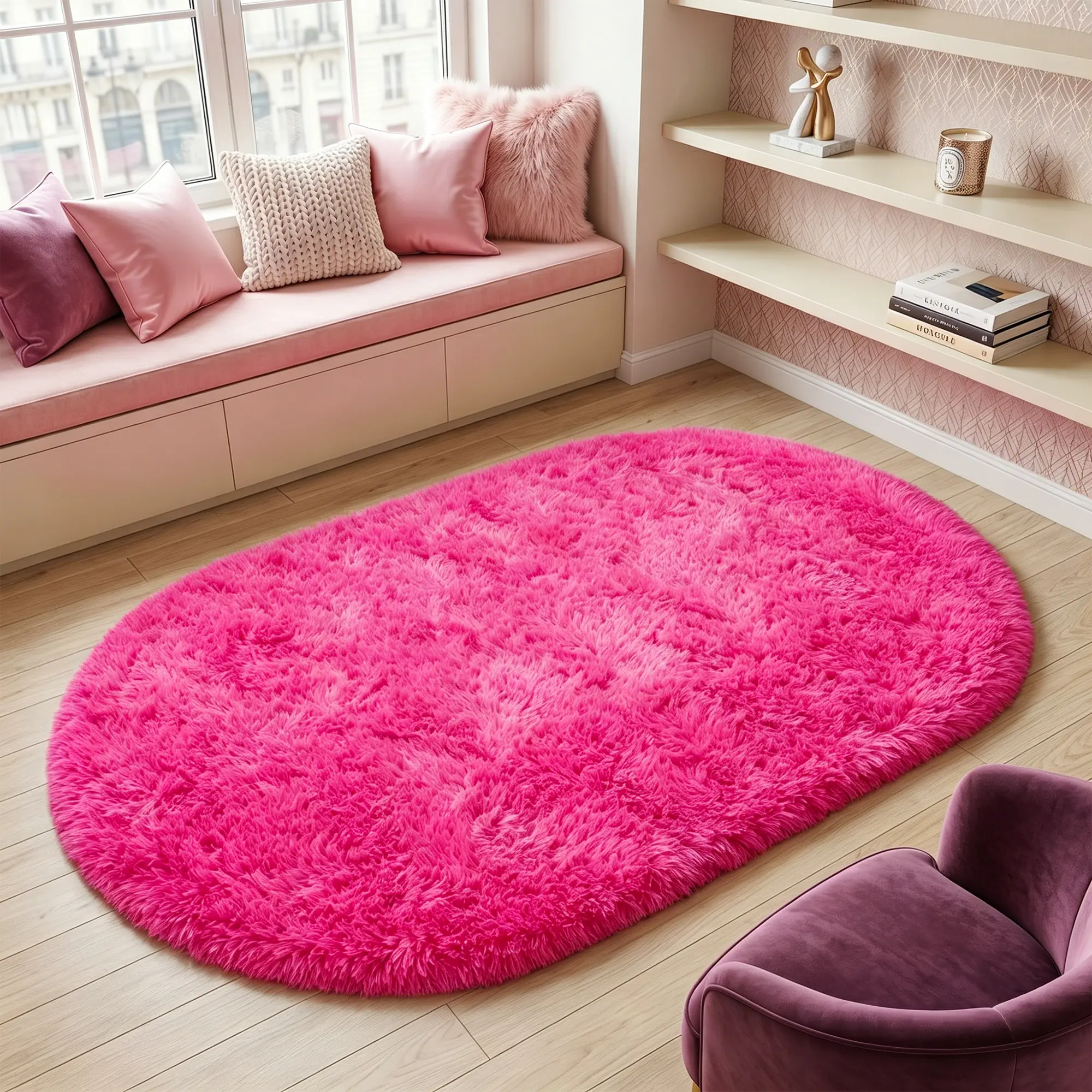 BOOPBEEP Oval Plush Soft Fluffy Rug - Modern Indoor Rugs for Living Room, Rugs For Bedroom, Game Room, Dorm, Sofa, Modern Home Decor, Carpet For Room Decor, bedroom acesories, Study And Entertainment Area - Creates Cozy Ambiance, fuze rug, Hot Pink rug