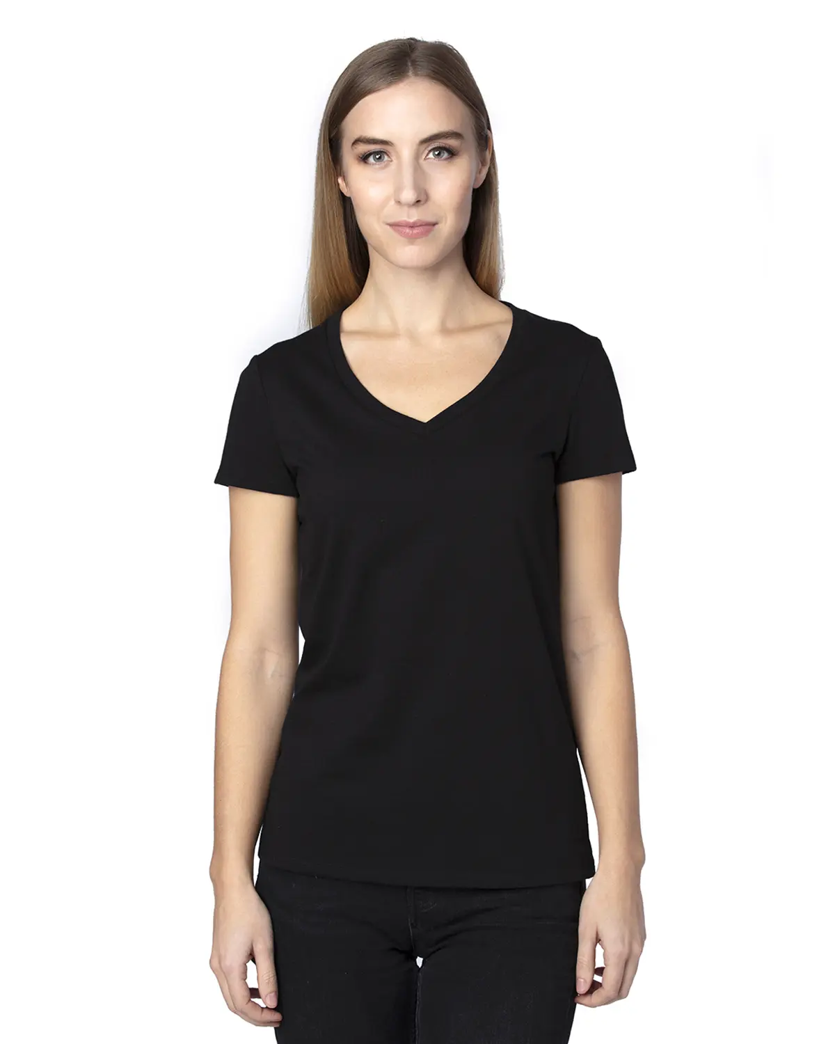 Threadfast Apparel Women's Solid V-Neck Short Sleeve Tee in Sustainable Cotton & Recycled Polyester with Eco-Dye & Side Seaming, Basic, Minimalist, Casual Wear, Solid Plain, Fitted Cut, 4.8 Oz, Machine Washable