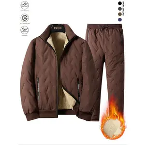 Men’s ultra-warm fall/winter two-piece set featuring a zip-up cardigan with lamb fleece lining and long sleeves, paired with fitted pants