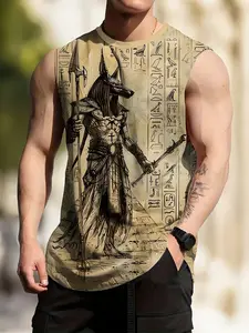 Egyptian Style Anubis Graphic Sleeveless T-Shirt, Men's Trendy Loose Fit Vest, Sand Color Ancient Pattern Casual Top