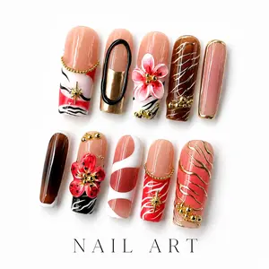 Luxury 3D Floral Press-On Nails - Long Coffin, Red and Brown Tiger Print with Gold Accents, 3D Cherry Blossom and Rhinestones, Reusable Acrylic False Nails