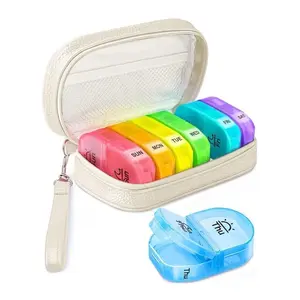 Cute Pill Organizer 2 Times a Day, PU Leather Pill Case for Women, Portable Weekly Pill Box for Purse with Storage Bag to Hold Vitamins/Medications/Fish Oils/Supplements PillboxGift